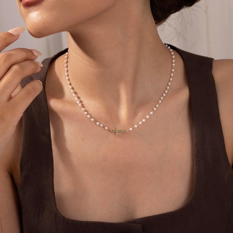 Robaice Pearl Cross Necklace for Women, Eternal Gold Pearl Necklace with Cross Pendant, Dainty Pearls and Cross Necklace Christian Faith Jewelry Gift - Image 4